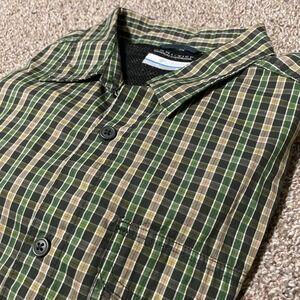 Columbia Men Sportswear Button Down Shirt Long Sleeve Plaid Green Tan M/M
